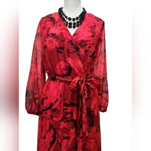 Tash and Sophie RedFloral Long Sleeve Faux Wrap Dress